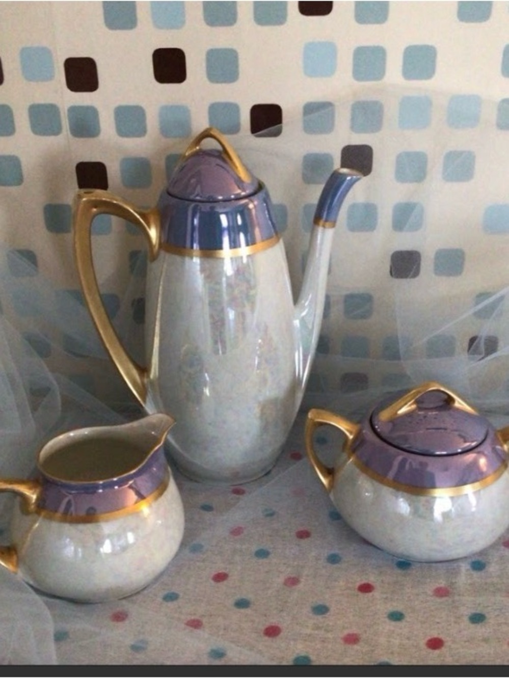Elegant Porcelain Coffee/ Tea Set with Lavender and Gold Trim - 3-Piece